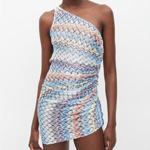 Missoni 2025 Crochet Knit One Shoulder Mini Dress Multicolor Blue Ibiza StTropez